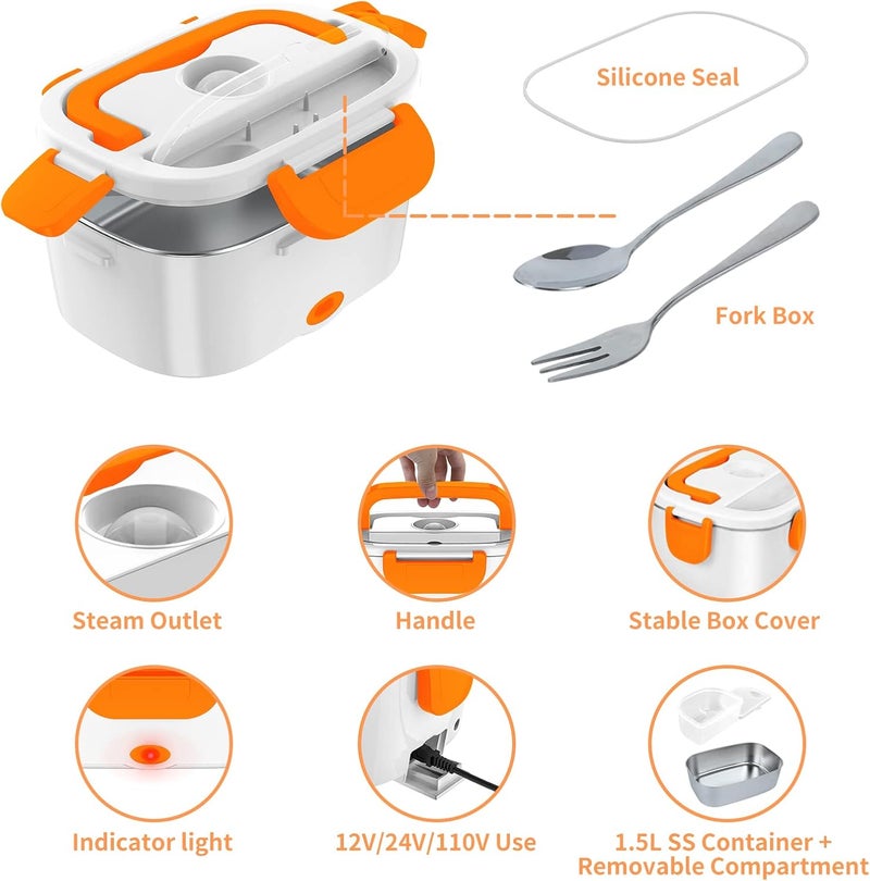 CHARMDOO Electric Lunch Box, Food Warmer Heater 12V 24V 110V, 80W Faster Heated Lunch Box for Car/Truck/Home Portable Heating Boxes with 1.5L 304 SS Container Fork & Spoon, White+Orange - Image 4